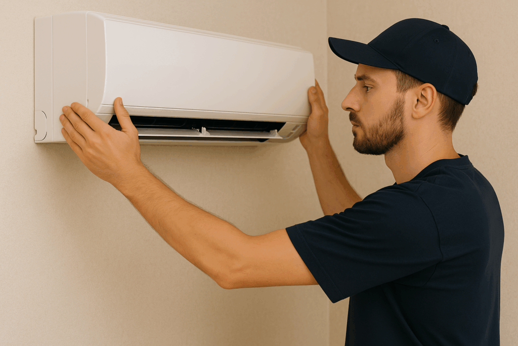 Technicien Thermoelit en train d’installer une unité intérieure de climatisation murale