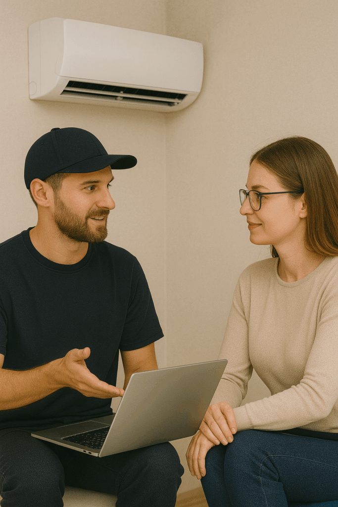 Technicien Thermoelit échangeant avec une cliente lors d’une consultation personnalisée en climatisation en île de france, paris
