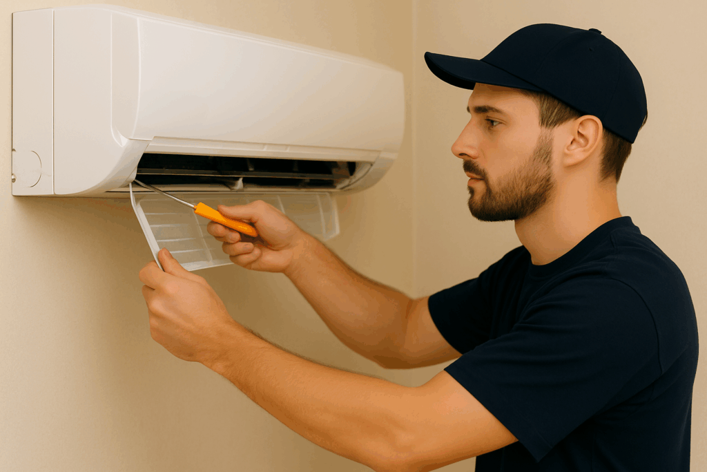 Technicien Thermoelit effectuant l’entretien d’une unité intérieure de climatisation