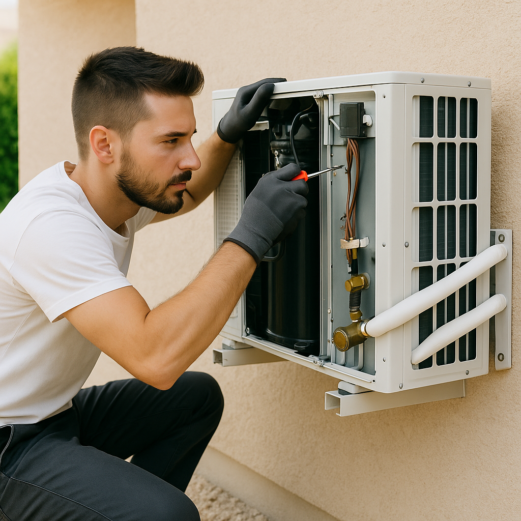 Technicien Thermoelit intervenant sur une unité extérieure de climatisation fixée au mur d’une maison